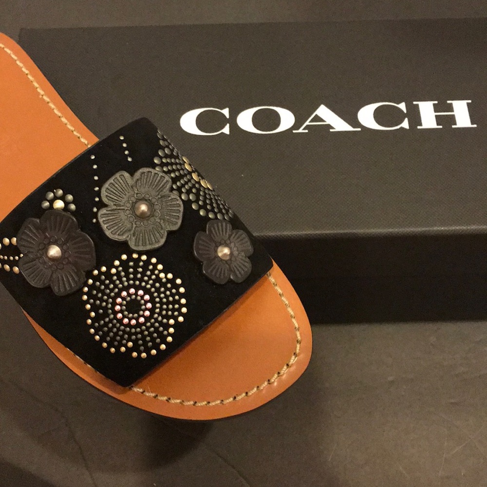 Coach Tea Rose Rivet Black Slide Sandal
